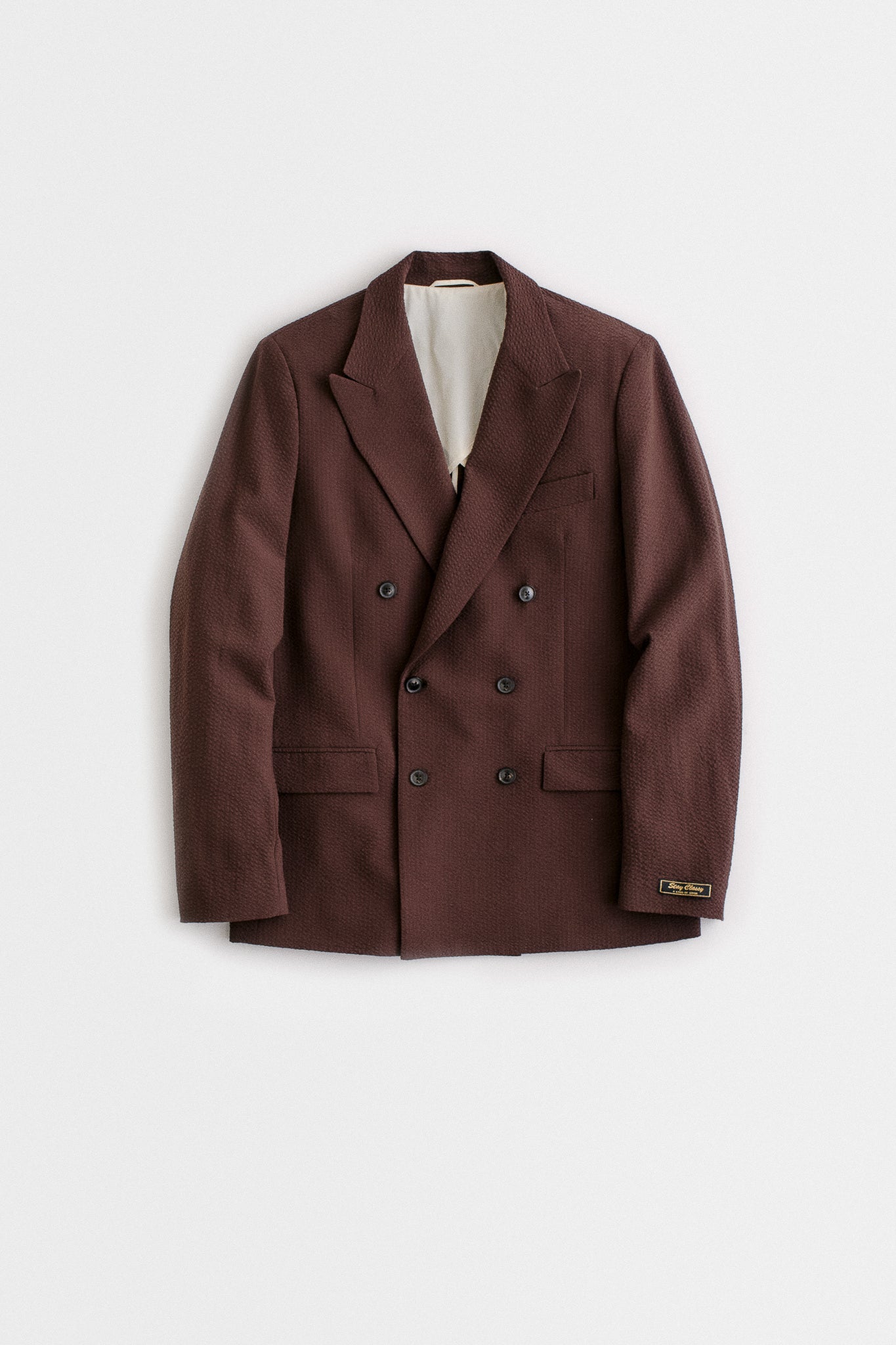 DOUBLE-BREASTED PEAK BLAZER - CHOCOLATE SEERSUCKER