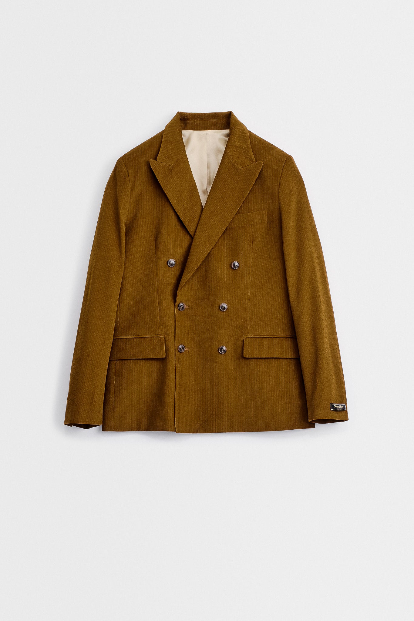 DOUBLE-BREASTED PEAK BLAZER - COGNAC VELVET SEERSUCKER