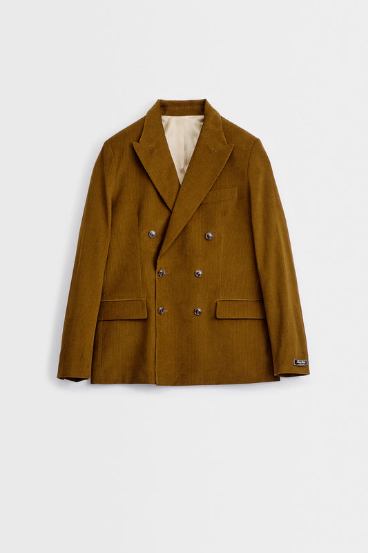 DOUBLE-BREASTED PEAK BLAZER - COGNAC VELVET SEERSUCKER