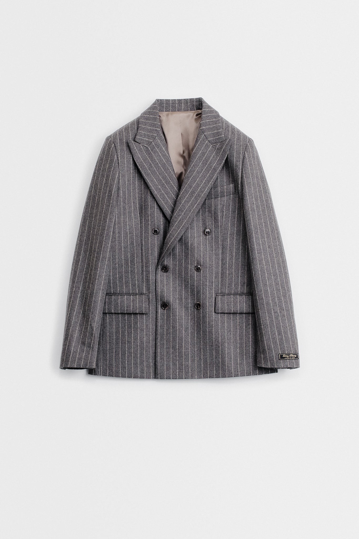 DOUBLE-BREASTED PEAK BLAZER - TAUPE FLANNEL STRIPE